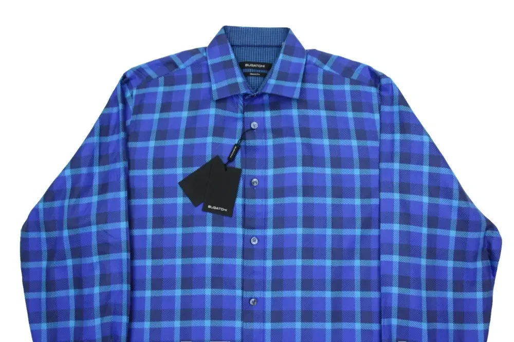 Bugatchi Uomo Shirt Mens M Classic Fit Cotton Blue Plaid Long Sleeve